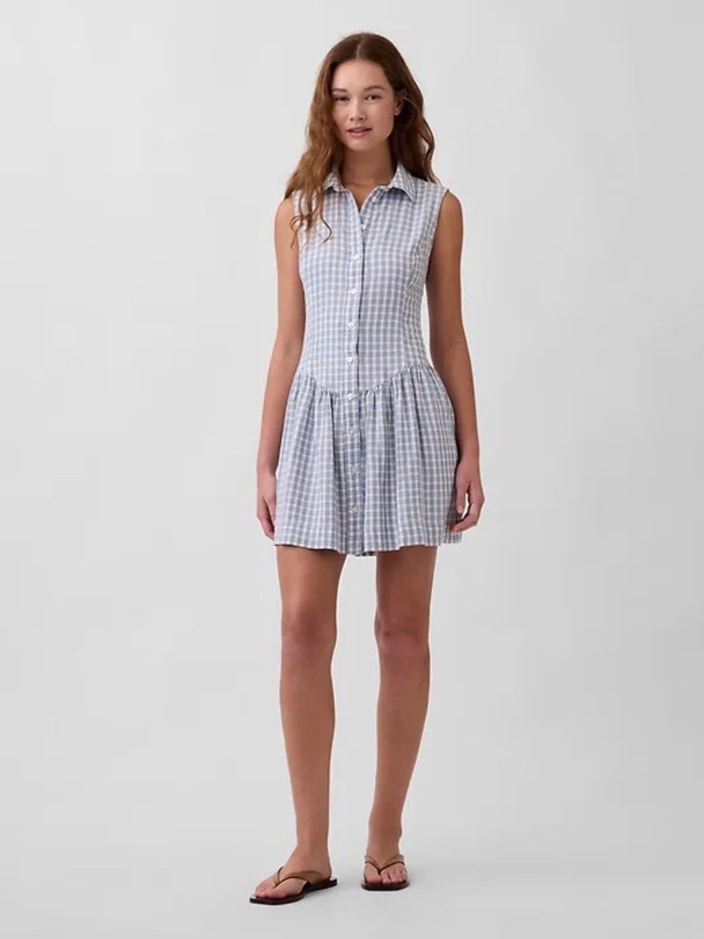 GAP Light Dusty Blue and White Gingham Sleeveless Shirt Dress Small